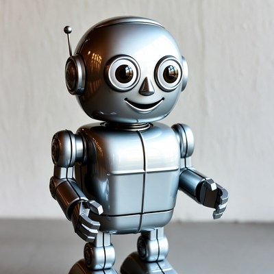 Smiling robot stands on table