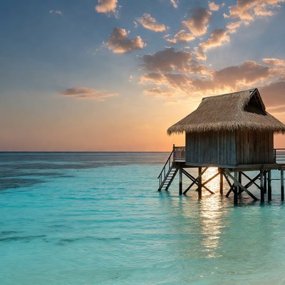 Sunset over water bungalow in ocean