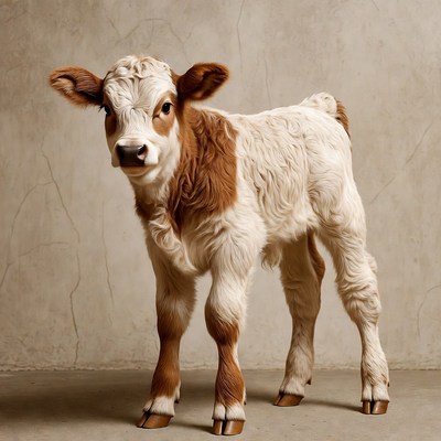 Young calf stands on gray background
