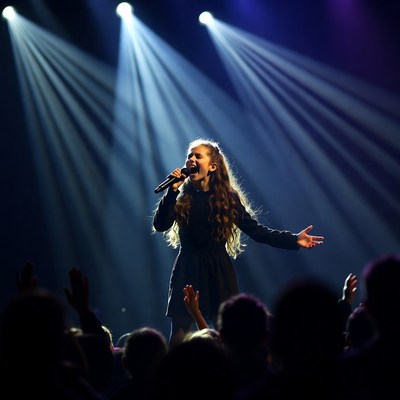 Singer performs on stage at night