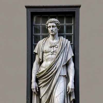 Marble statue stands near dark window