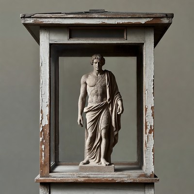 Ancient statue in glass display case