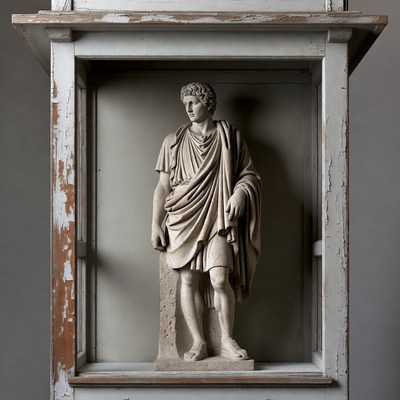 Ancient sculpture in wooden display