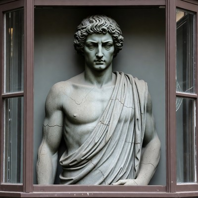 Statue in window displays art form