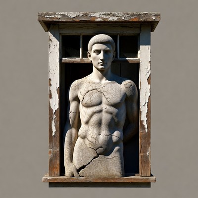 Statue in cracked window frame