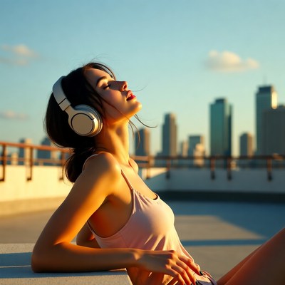 Young woman enjoys music on rooftop