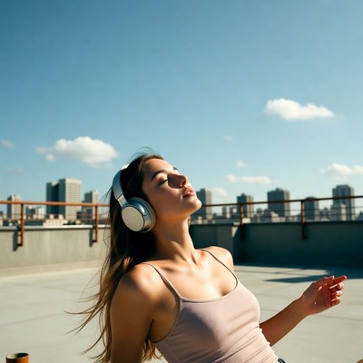 Woman on rooftop enjoying music