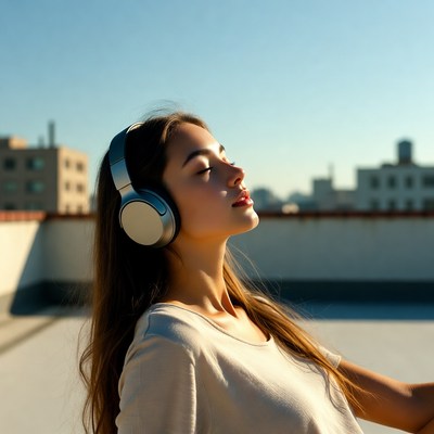 Young woman enjoying music on rooftop