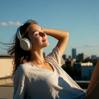 Woman enjoying music on rooftop