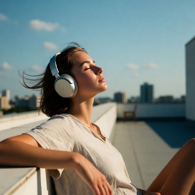 Woman enjoys music on rooftop