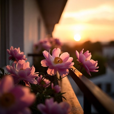 Flowers on balcony at sunset