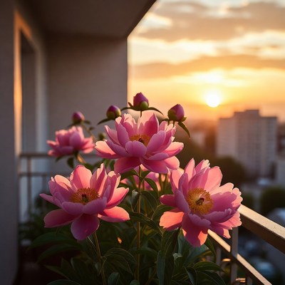 Sunset view with blooming flowers