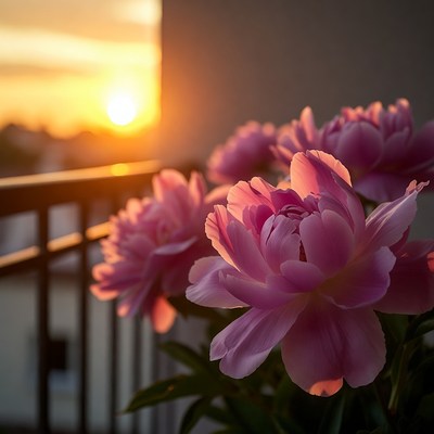 Flowers bloom at sunset in city