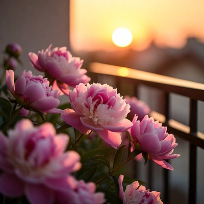 Peonies blooming at sunset on balcony