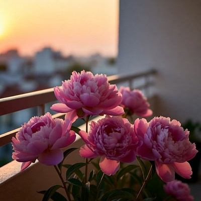 Flowers bloom during sunset on balcony