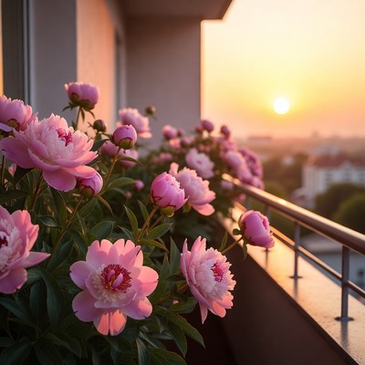 Peonies on balcony at sunset