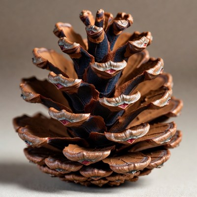 Pine cone standing on a flat surface