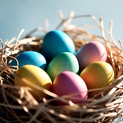 Colorful eggs in a straw nest