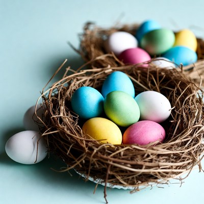Colorful eggs in nests on blue surface