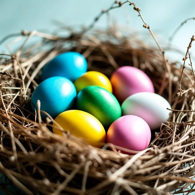 Colorful eggs in nest on surface