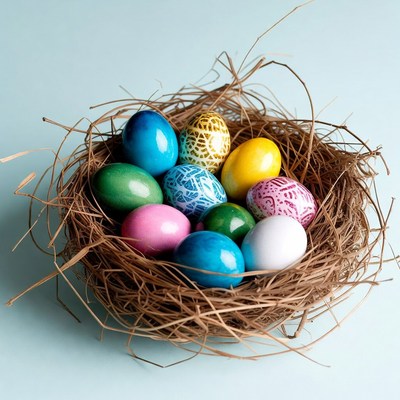 Colorful eggs in a nest