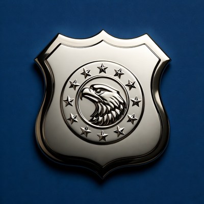 Silver police badge on blue backdrop