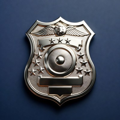 Shiny police badge on blue background