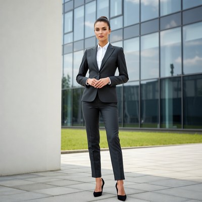 Businesswoman poses outside office building