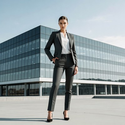Businesswoman poses outside modern building