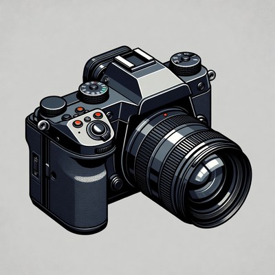 Camera with lens on gray background