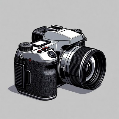 Camera with lens on gray background