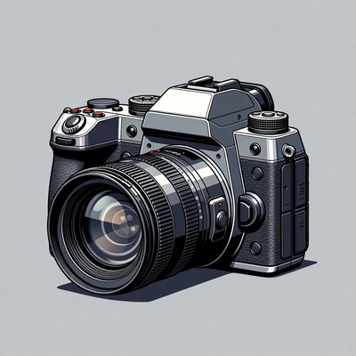 Camera with lens on gray background