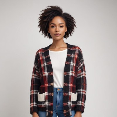 Woman in sweater posing indoors