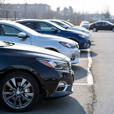 Cars parked in a lot under sunlight