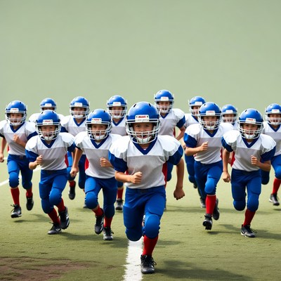 Youth football team practices running drills