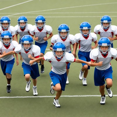 Children practicing football drills on field