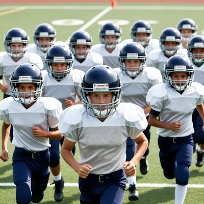 Youth football team practices on field