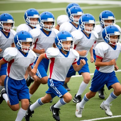 Kids practice football on field