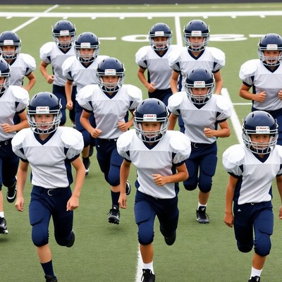 Youth football players running drills on field