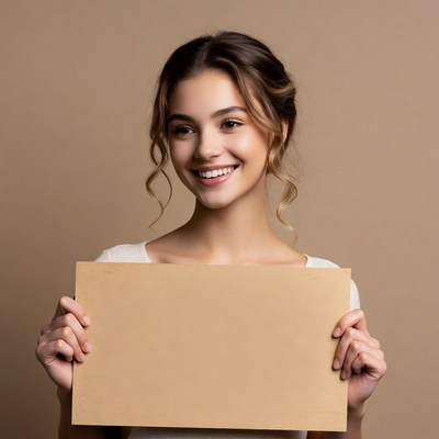 Woman holding blank sign in studio