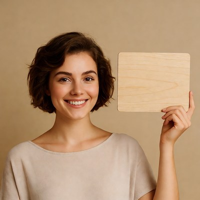 Smiling person holding blank sign