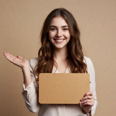 Woman with sign on neutral background