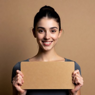 Woman holds blank sign indoors
