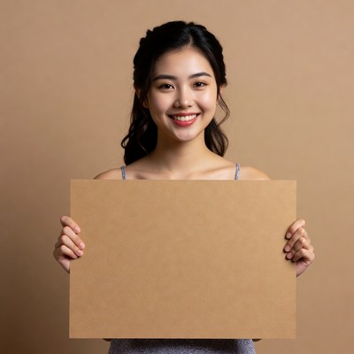 Woman holding sign with brown background