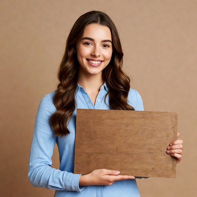 Smiling woman holding wooden board