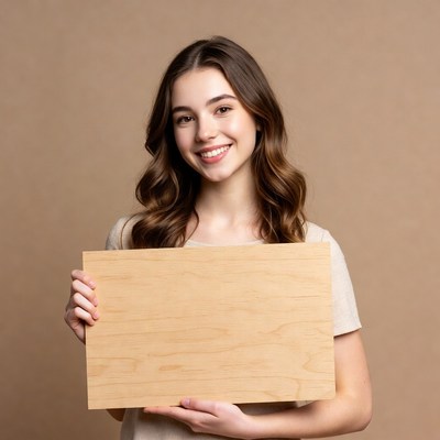 Girl holding wooden board indoors