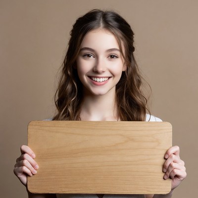 Young girl holds wooden board