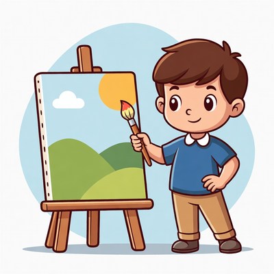 Child paints landscape on canvas