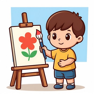 Child painting flower on canvas
