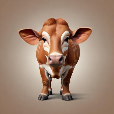 Cute brown cow with white markings in front view